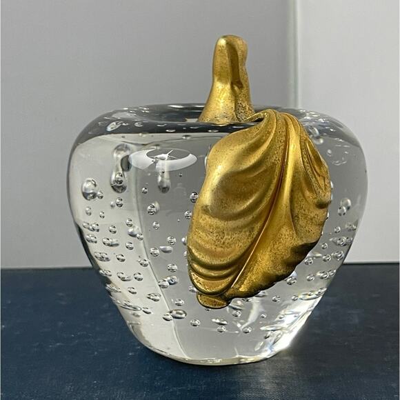 Vintage Gatco Controlled Bubble‎ Glass Apple Paperweight w/ Solid Brass - Picture 1 of 9